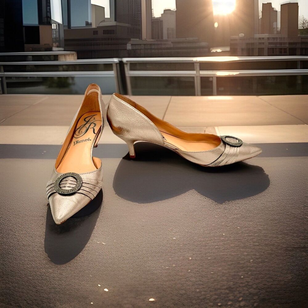 J. Renee Borish Metallic D’Orsay Pump Point Toe Circular Rhinestone Buckle sz 9M